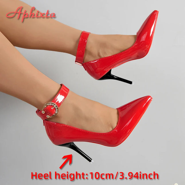 Aphixta Metal Belt with Buckle Strap Pimp Red Black 10cm Stiletto Heels Pumps Women Party Shoes Rivets Pointed Toe Size 51 52 53