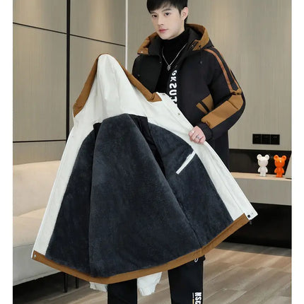 Fashion Autumn Winter Men's Hooded Fleece Jackets Youth High Streetwear Casual Plush Liner Coats Windproof Padded Tops Clothing