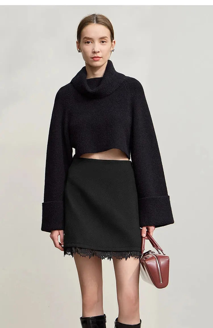 AMII Minimalist Mini Skirt 2025 Winter New Short Wool Warm Skirts For Women Patchwork Lace Casual Solid Clothing Ladies 12544125 PlatiNum