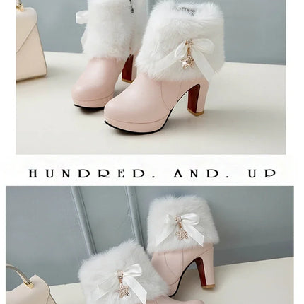 Snow Boots Womens Winter Warm Plush Fashion High Heels Pink White Black Fur Bowt Dress Party Wedding Platform Boots 526-1