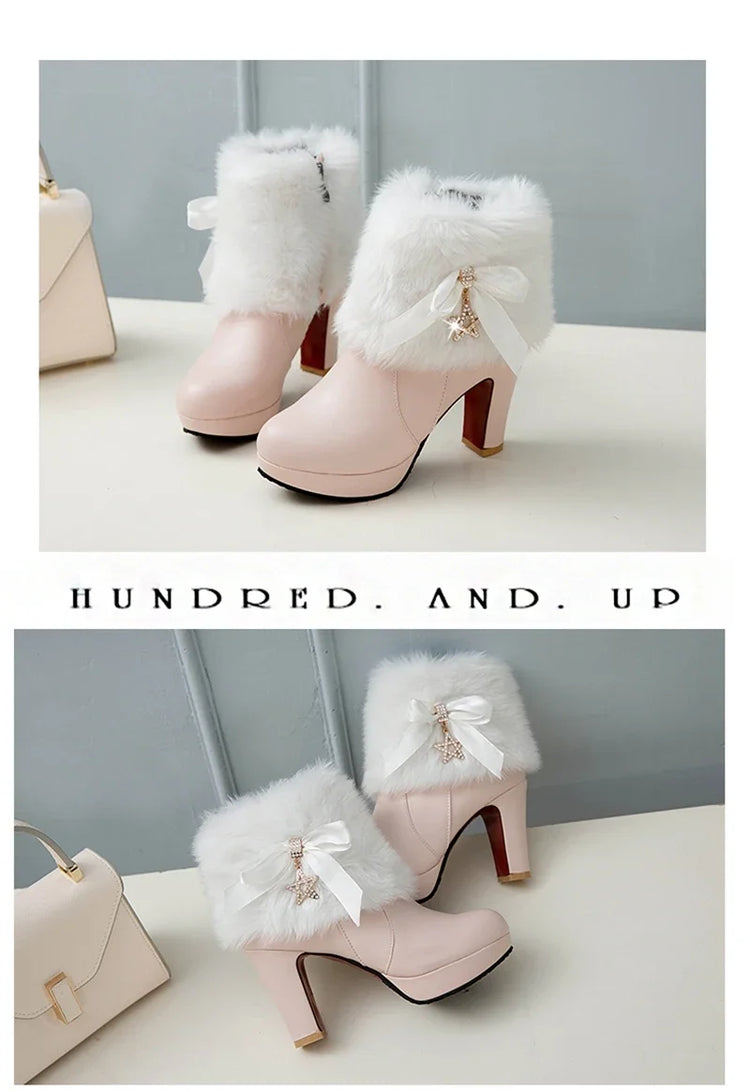 Snow Boots Womens Winter Warm Plush Fashion High Heels Pink White Black Fur Bowt Dress Party Wedding Platform Boots 526-1