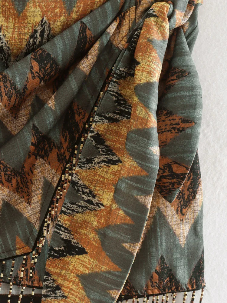 Gonna mini pareo annodata con stampa geometrica vintage da donna Faldas Mujer Abiti con cerniera casual con nappa con perline femminili