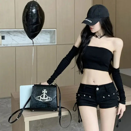 Korean Low Rise Denim Shorts 2024 - Riveted Lace Up Bodycon Black Hot Pants Vintage Cheeky Booty Summer TikTok Y2K Outfit PlatiNum