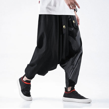 Pantaloni alla moda da uomo Samurai giapponese Ukiyo-e Cintura con stampa Pantaloni stile harem da uomo in cotone e lino Casual Oversize Harajuku Pantaloni a gamba larga da uomo