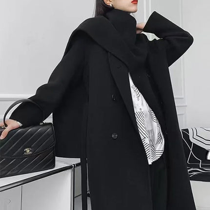 Luxury Hand-sewn Double-sided Cashmere Wool Coat Women New Mid-length Scarf Collar Loose Lace-up Warm Wool Coat Fashion Winter