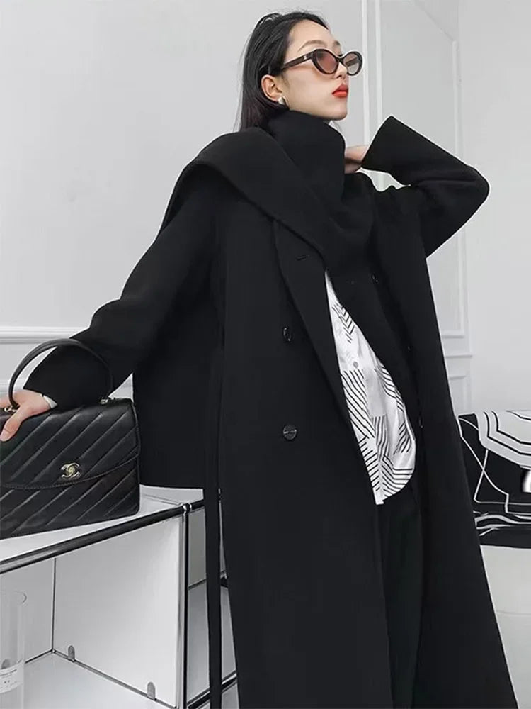 Luxury Hand-sewn Double-sided Cashmere Wool Coat Women New Mid-length Scarf Collar Loose Lace-up Warm Wool Coat Fashion Winter