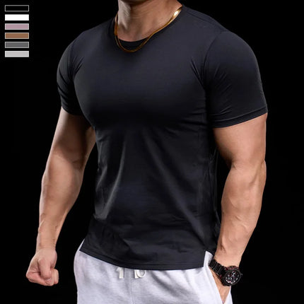 Men's gym fitness workout clothing slim fit short sleeve breathable high elasticity sports T-shirt, running sports