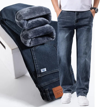 Business Casual Stretch Denim Pants Work Velvet Flocking Trousers High Quality Men's Winter Warm Fleece Lined Thicken Jeans