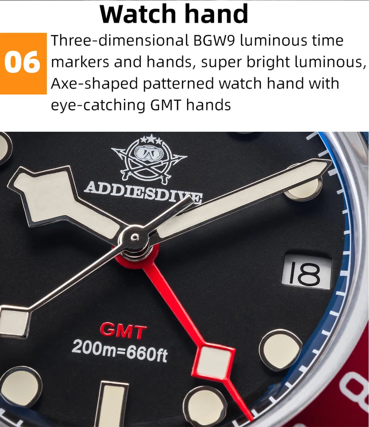 ADDIESDIVE New GMT Watch For Men Gift Bubber Glass AR Coating 200m Waterproof Diving BGW9 Luminous Date Sport Business Wristwatc