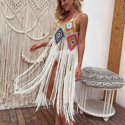 Costume da bagno da spiaggia da donna sexy lavorato a maglia all'uncinetto con nappe, gonna di media lunghezza, bikini da spiaggia a blocchi di fiori, copricostume da donna platinumshop