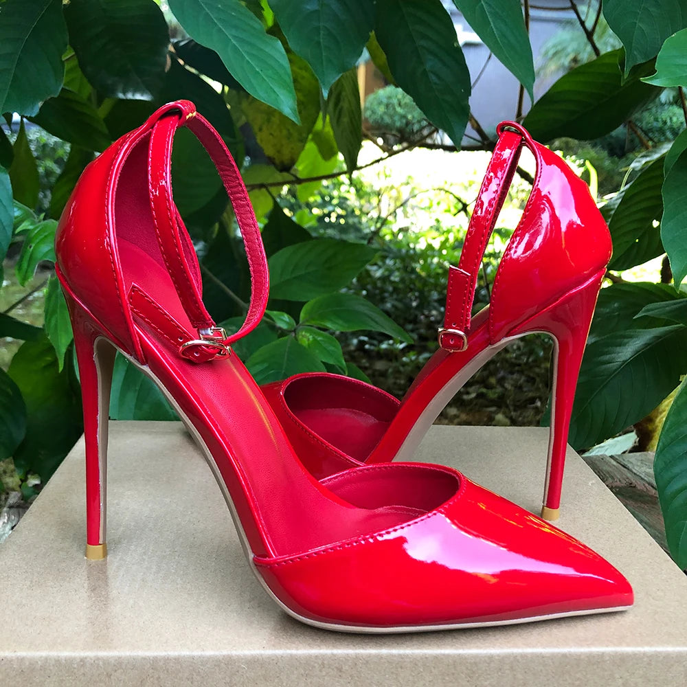 Tikicup Black Patent Pointed-Toe Stiletto Pumps Ankle Strap Elegant High Heel Dress Shoes for Women Evening Events, Office