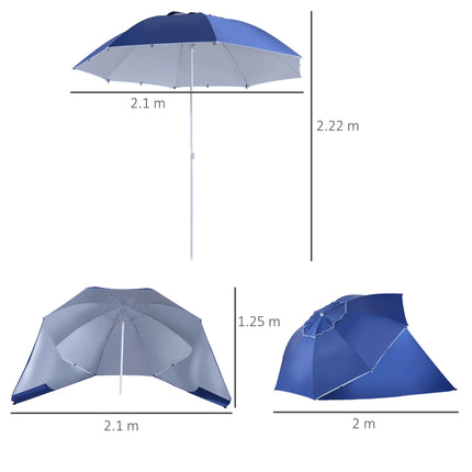 Outsunny Beach Umbrella Ø2.1x2.2 m with Side Flap, Carry Bag and Stakes, Garden Umbrella with 8 Ribs and 2-Section Metal and Polyester Design, UV50+, Blue