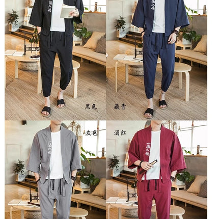Set da due pezzi (camicia + pantaloni) camicia da uomo in cotone di lino con ricamo stile giapponese pantaloni larghi casual da uomo pantaloni Tai Chi Kungfu retrò
