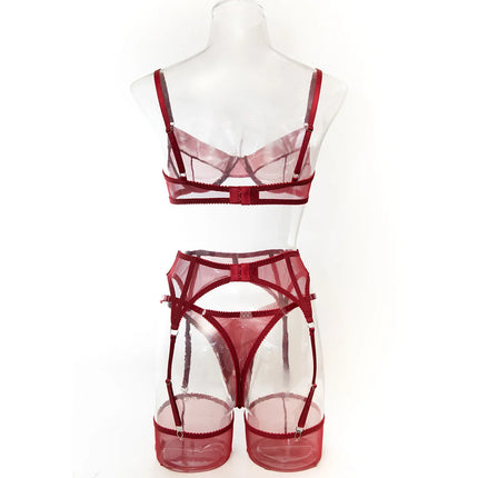 Luxury Dark Style 4Pcs Women's Lingerie Set Push-up Underwire Bra Garter Belt Thong Panty Stocking Erotic Intimate Outfits