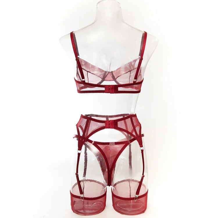 Luxury Dark Style 4Pcs Women's Lingerie Set Push-up Underwire Bra Garter Belt Thong Panty Stocking Erotic Intimate Outfits