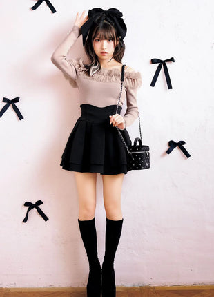 Minigonna a balze Lautaro Primavera Estate Nera Dolce Carina Kawaii a Vita Alta da Donna, Abbigliamento Cutecore Stile Giapponese Moda