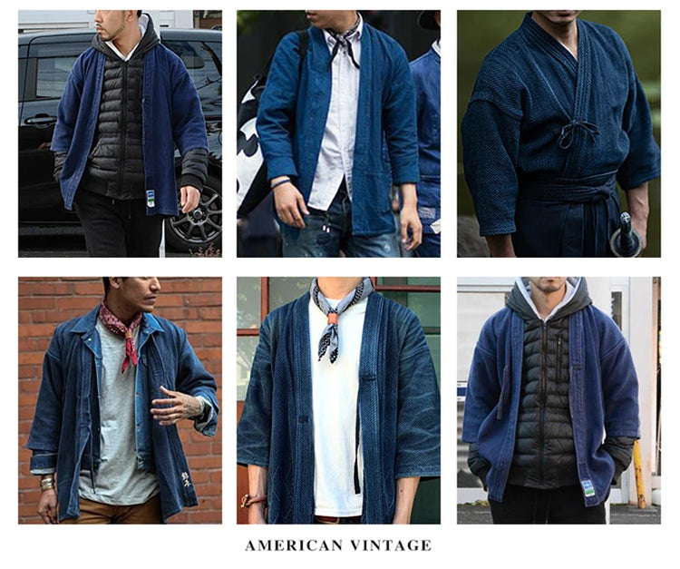 Men's Indigo Cargo Jacket Height Weight Cotton Lapel Multi-pocket Jacket Male French Vintage Thick Workwear Tooling Jacket Coat