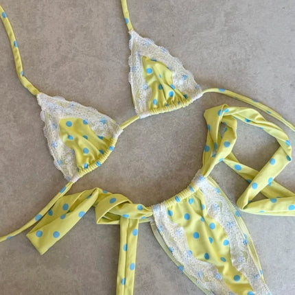 Nuovo Sexy Bikini Brasiliano con Inserti in Pizzo, Costume da Bagno Femminile con Stampa e Allacciatura al Collo, Biquini platinumshop