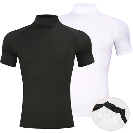 Mens Bodybuilding Sports Tight T-shirt Summer Compression Turtleneck Short Sleeve Gym Fitness Running Quick Dry Male Workout Top PlatiNum