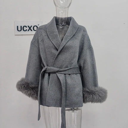 Elegant OL Office Lady Overcoats Fur Patchwork Long Sleeve Woolen Coat Beautiful Women's Clothing Jacket Autumn 2025 Spring