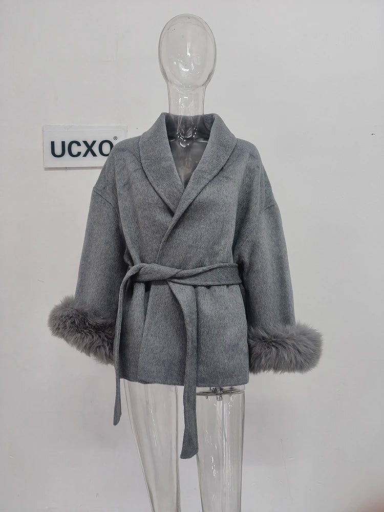 Elegant OL Office Lady Overcoats Fur Patchwork Long Sleeve Woolen Coat Beautiful Women's Clothing Jacket Autumn 2025 Spring
