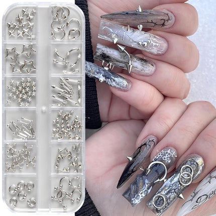 12 Grids Goth Punk Nail Charms Studs Y2K Piercing Designs Metallic Silvery Nails Art Rivets 3D Stars Alloy Nail Art Decorations
