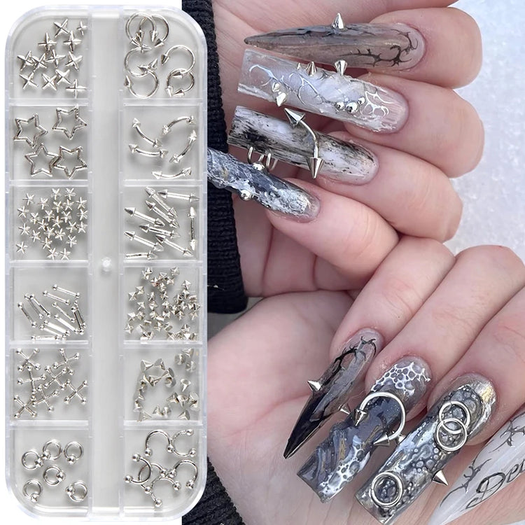 12 Grids Goth Punk Nail Charms Studs Y2K Piercing Designs Metallic Silvery Nails Art Rivets 3D Stars Alloy Nail Art Decorations