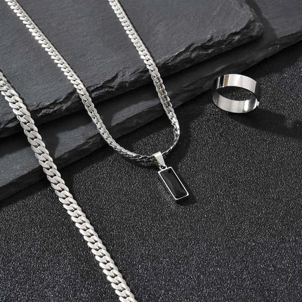 Elegante Set di Gioielli da Uomo con 3 Pezzi, Catena Cubana Piatta, Ciondolo Geometrico in Acciaio Inox con Pietra, Gioielli Hip Hop, Regalo per Lui platinumshop