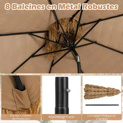Ombrellone Tiki con Tetto in Paglia da 299 cm, Parasole Tropicale Hawaiano 30 °   Tettoia Ventilata Regolabile a 2 Sezioni Staccabili per Patio, Piscina, Spiaggia