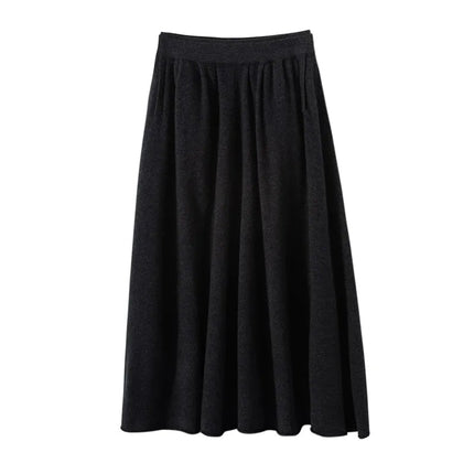 Classic Autumn Winter Wave Skirt 100% Cashmere Skirt Women A-Line Skirt Female Double Elastic Waist Pocket Warm Knit Long Dress PlatiNum