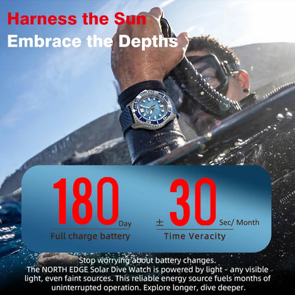 NORTH EDGE NEW Design ABYSS Solar Powered Dive Quartz Wristwatch 200M Waterproof Sports Diving Watch 316L Soft Strap Men Watches