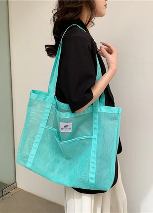 Borsa tote da donna in rete trasparente, borsa a tracolla portatile alla moda multifunzionale per lo shopping, viaggi, spiaggia estiva