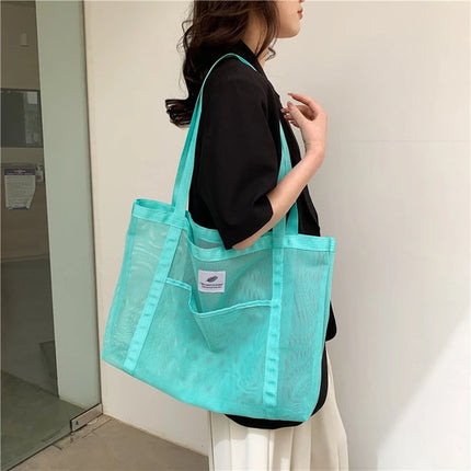 Borsa tote da donna in rete trasparente, borsa a tracolla portatile alla moda multifunzionale per lo shopping, viaggi, spiaggia estiva