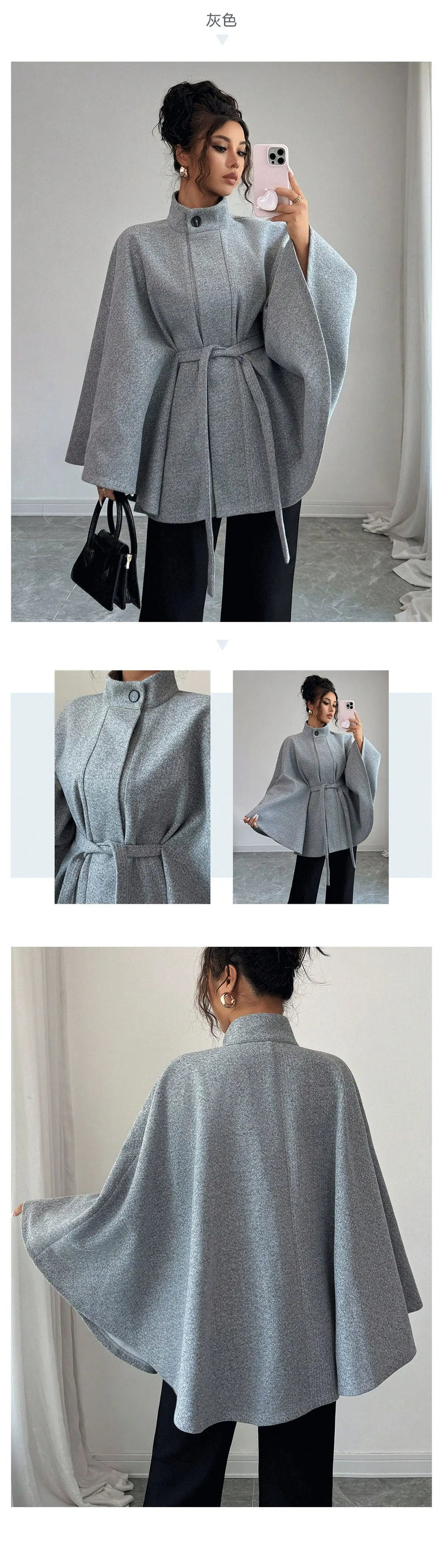 Elegant Stand Collar Tie Waist Cape Design Wool Coat, Coats for Women Spring Summer Outerwear with Chic Overcoat Style