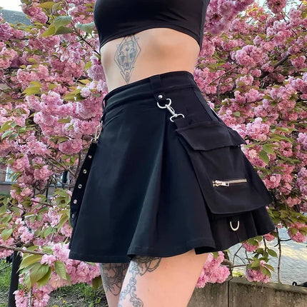 Harajuku Punk gotico nero a vita alta gonne nere donne Sexy Patchwork fasciatura Mini gonna nera Streetwear femminile