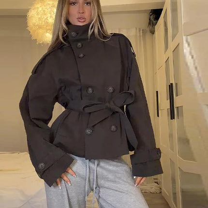 2026 Spring Women's Solid Lace Up Trench Coat Stand Collar Double Breasted Jacket Stylish New Lady Long Sleeve Outerwear Street