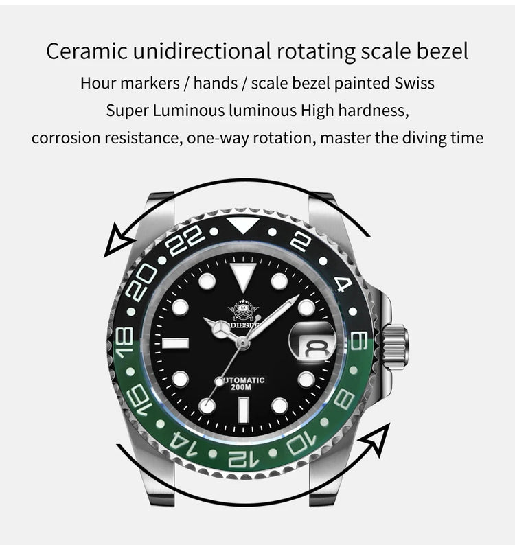 ADDIESDIVE Men's Watch NH35 Automatic Luxury Sapphire Crystal 200m Waterproof Luminous Date Stainless Watches Relogios Masculino
