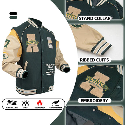Men's Casual Varsity Jacket Motorcycle Bomber Coat Vintage Letterman Baseball Streetwear Outerwear with Faux Leather Sleeves