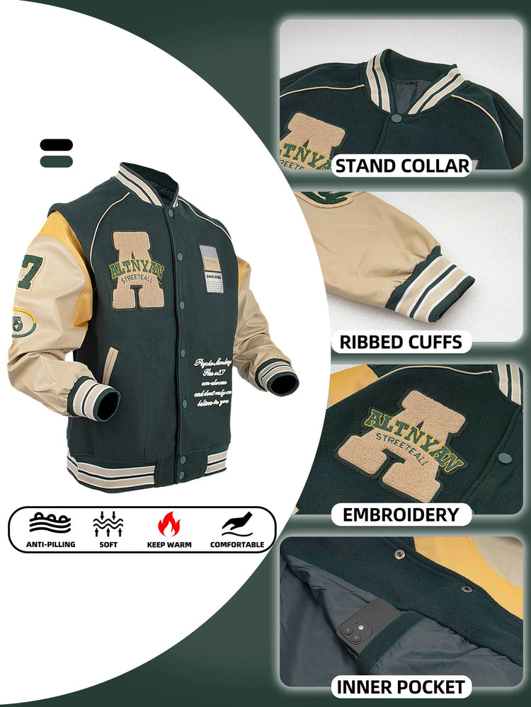 Men's Casual Varsity Jacket Motorcycle Bomber Coat Vintage Letterman Baseball Streetwear Outerwear with Faux Leather Sleeves