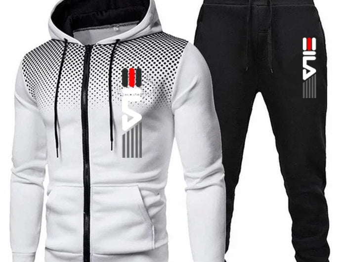 Men's 2025 polka dot zipper printed hooded sweatshirt + pants, daily jacket set, coat, running suit, casual sportswear set PlatiNum