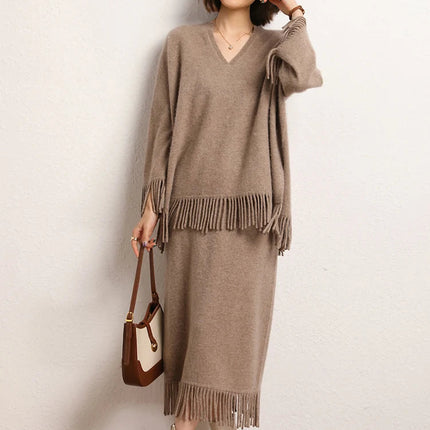 Women's Tassels Long Skirts Autumn Winter 100% Cashmere Knitwear Soft Warm Retro Casual Clothing Versatile Hide Fat Make Slim PlatiNum