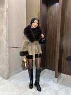 Lady Faux Fur Collar Cuffs Patchwork Short Overcoat  Belted Lace Up Loose Warm Jacket New Winter Daily Street Women's Outerwear