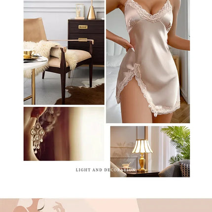 Lace Trim Leopard Nightdress V Neck Backless Side Split Slip Sleep Dress Women's Sleepwear Dresses