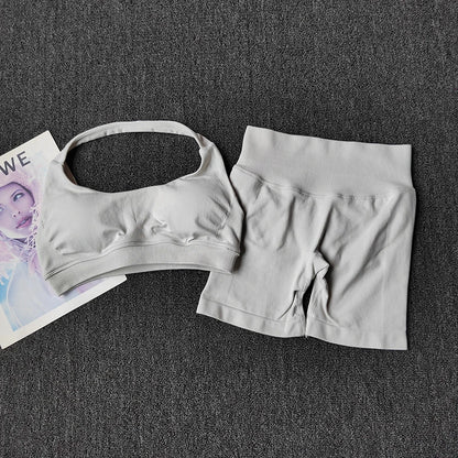2PCs Peach High Waist Belly Hip Lifting Sports Bras Shorts Suit Gathering Shock-proof Neck Halter Yoga Suit Running Fitness Set