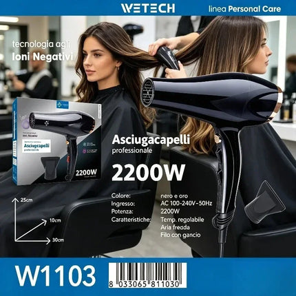 2200W Fast Dry Ionic Hair Blow Dryer 100‑240V Dual‑Voltage Hot & Cold Air Function Hanging Hook Design With Concentrator Nozzle Hair Styling Tool