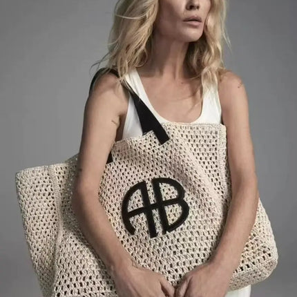 Large Capacity AB Letter Woven Straw Tote Bag, Beach Vacation Women's Striped RIO City Simple Style Casual Travel Bag