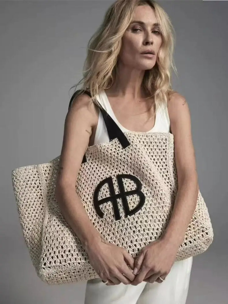 Borsa tote in paglia intrecciata con lettera AB di grande capacità, per vacanze al mare, da donna, a righe, RIO City, stile semplice, borsa da viaggio casual