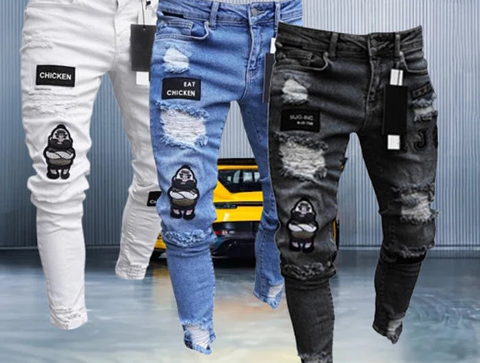 Bottoms 3 Styles Stretchy Ripped Skinny Biker Embroidery Print Jeans Destroyed Hole Slim Fit Scratched High Quality Jean PlatiNum