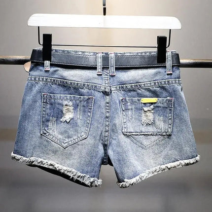 Women's High Waisted Denim Shorts-Korean-Inspired Loose Straight Leg-Distressed Cartoon Embroidery Trendy Summer Hot Pants PlatiNum