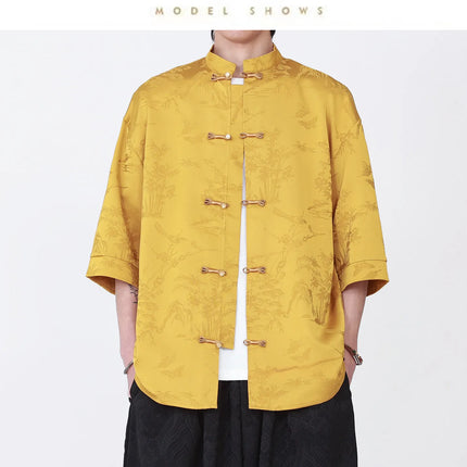Camicie Estive da Uomo di Lusso in Jacquard Traspirante a Maniche Corte, Stile Cinese Tradizionale Kung Fu Tai Chi, Camicia Casual da Uomo